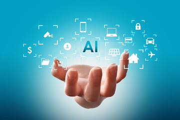 Artificial intelligence concept (AI), hand holding AI text logo, surrounded with conceptual vector icons on blue background