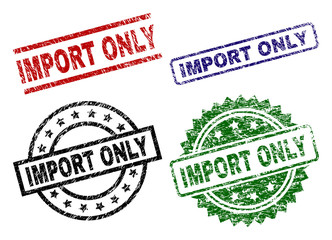 IMPORT ONLY seal prints with damaged surface. Black, green,red,blue vector rubber prints of IMPORT ONLY label with corroded style. Rubber seals with circle, rectangle, medallion shapes.