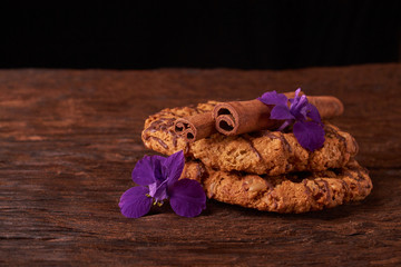 cookies and spring blue flowers. Healthy morning breakfast concept. Minimalist. selective focus