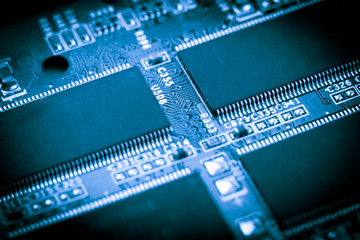 computer electronic microcircuits. macro. blue