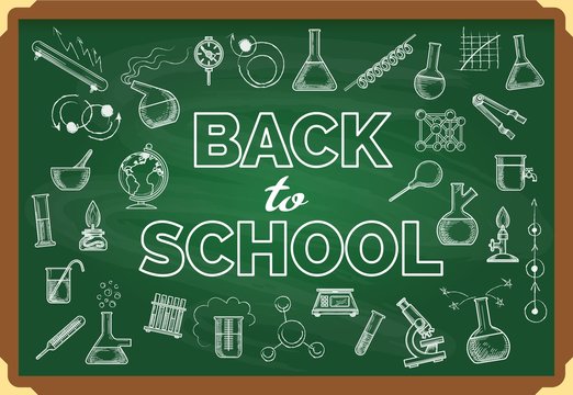 Back to school chalkboard. Vector green chalk board education with doodles writing kids backed to college, children learning concept