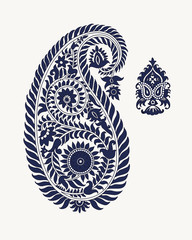 Set of 2 paisley elements. Traditional oriental ethnic ornament of India, bicolor indigo in ecru background. For your design. - 215653012