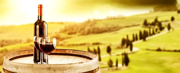 Photo sur Plexiglas Jaune Wine photo of barrel and Tuscany landscape 