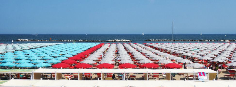 beach with sunbed and umbrella in Cattolica, near Rimini and Riccione, Emilia Romagna, Italy