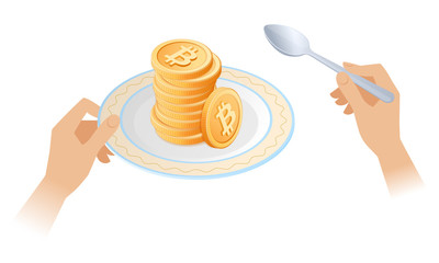 The pile of bitcoins on the dish. Businessman's hands are holding the plate with stack of cryptocurrency. Flat vector isometric business, e-commerce, blockchain, success and money concept illustration