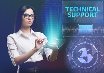 The concept of business, technology, the Internet and the network. A young entrepreneur working on a virtual screen of the future and sees the inscription: Technical support