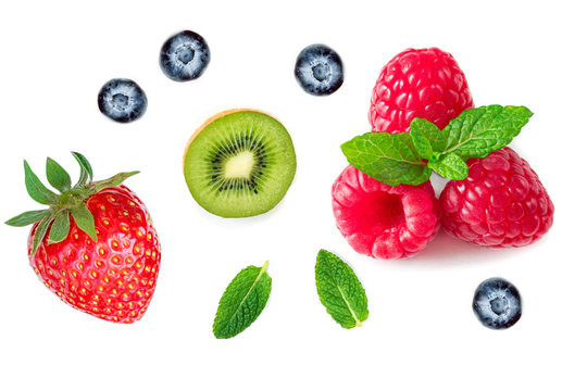 Berries Collection.  Strawberry, raspberry, Kiwi fruit, Mint and Blueberry isolated on white background, Macro