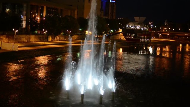 Skopje, MACEDONIA. 24 JUNE 2018. Beautiful Night Shoot Of Downtown And Water Reflection Of Skopje, Macedonia. Fountain at the river Vardar