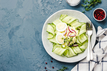 Healthy light avocado, eggs and  sliced cucumber salad.Top view, space for text.
