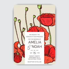 Save the date invitation. Vector wedding illustration with poppy flowers.