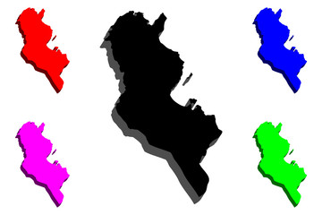 3D map of Tunisia (Republic of Tunisia) - black, red, purple, blue and green - vector illustration