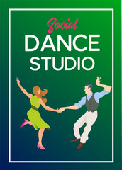 Poster for dance studio. Flyer or element of advertizing for social dances studio. Flat vector illustration. Dance party poster template, event flyer invitation.