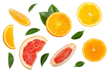 Sliced pieces of grapefruit, orange, lemon isolated on white, top view.