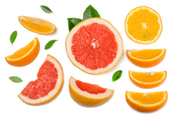 Fototapeta na wymiar Sliced pieces of grapefruit, orange, lemon isolated on white, top view