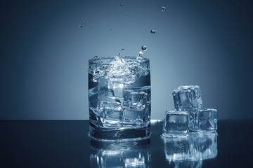 fresh water splash  and ice in the glass