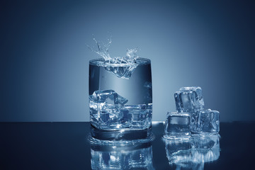 fresh water splash  and ice in the glass