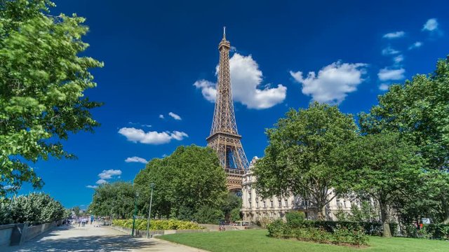 Eiffel Tower from Siene river waterfront in Paris timelapse hyperlapse, France