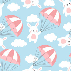 Motif de fond de lapin sans couture, lapin mignon heureux volant dans le ciel entre des ballons colorés et des nuages, illustration vectorielle de lièvre de dessin animé pour les enfants