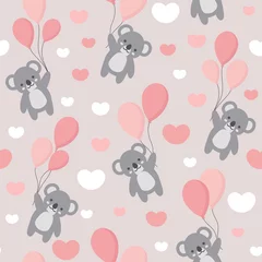 Behang Dieren met ballon Naadloze Koala patroon achtergrond, gelukkig schattige koala vliegen in de lucht tussen kleurrijke ballonnen en wolken, Cartoon Koala beren vectorillustratie voor kinderen