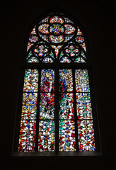 Stained glass window in Roman Catholic Cathedral of the Immaculate Conception of the Blessed Virgin Mary in Moscow