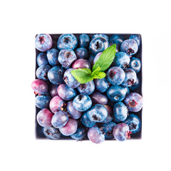 Fresh blueberries and leaves, berry frame isolated on white background, top view