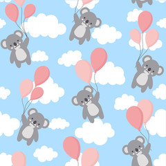 Seamless Koala Pattern Background, Happy cute koala flying in the sky between colorful balloons and clouds, Cartoon Koala Bears Vector illustration for Kids