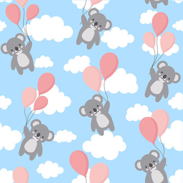 Seamless Koala Pattern Background, Happy cute koala flying in the sky between colorful balloons and clouds, Cartoon Koala Bears Vector illustration for Kids