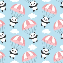 Behang Naadloze Panda patroon achtergrond, gelukkig schattige panda vliegen in de lucht tussen kleurrijke ballonnen en wolken, Cartoon Panda Bears vectorillustratie voor kinderen © Gabriel Onat