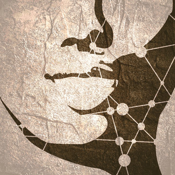 Lower part of the woman face front view. Elegant silhouette of a female head. Open mouth. Silhouette textured by lines and dots pattern