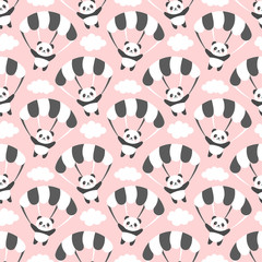 Seamless Panda Pattern Background, Happy cute panda volant dans le ciel entre les ballons colorés et les nuages, Cartoon Panda Bears Vector illustration pour les enfants