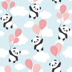 Velvet curtains Animals with balloon Seamless Panda Pattern Background, Happy cute panda flying in the sky between colorful balloons and clouds, Cartoon Panda Bears Vector illustration for Kids