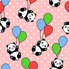 Gordijnen Naadloze Panda patroon achtergrond, gelukkig schattige panda vliegen in de lucht tussen kleurrijke ballonnen en wolken, Cartoon Panda Bears vectorillustratie voor kinderen © Gabriel Onat