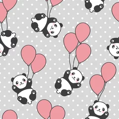 Tapeten Tiere mit Ballon Nahtloser Panda-Muster-Hintergrund, glücklicher süßer Panda, der zwischen bunten Ballons und Wolken in den Himmel fliegt, Cartoon-Panda-Bären-Vektor-Illustration für Kinder