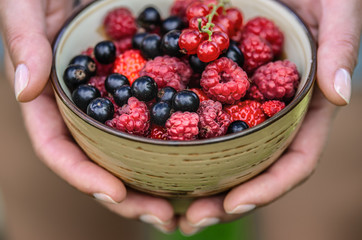 A cup with ripe berries of strawberry, raspberry, black currant, red currant in hands