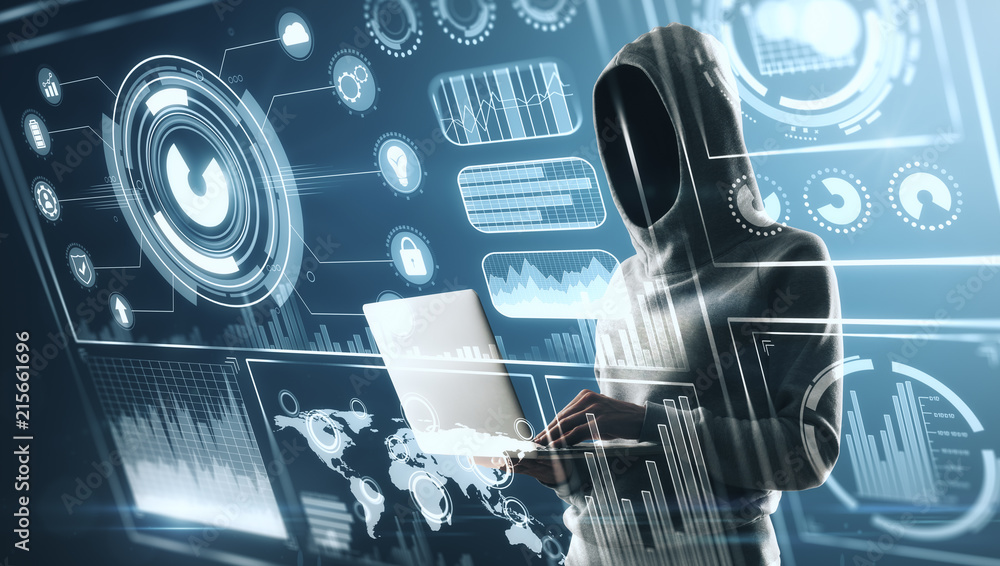 Poster no face hacker with laptop and digital screen