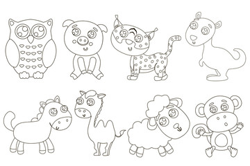 Cute outlined animals for coloring. Vector illustration.