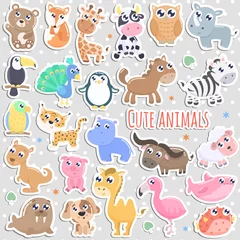 Poster Speelgoed Set van schattige cartoon dieren stickers vectorillustratie. Plat ontwerp.