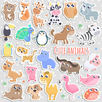 Set of cute cartoon animal stickers vector illustration. Flat design.
