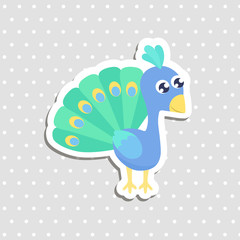 Cute cartoon peacock sticker vector illustration. Flat design.