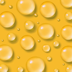 Drops of water. Abstract liquid on yellow background. 3d realistic vector illustration. Realism style. Macro