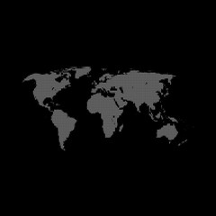 Halftone world map on black background. Vector illustration.