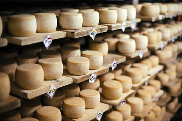 Cow milk cheese, stored in a wooden shelves