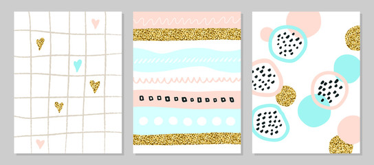 Set of creative universal art posters or cards with golden sparkles. Hand Drawn textures. Wedding, birthday, Valentines day, party invitations, covers, decor elements. Vector illustration