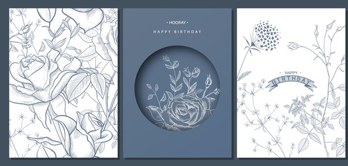 Happy birthday greeting cards with hand drawn flowers.Vector illustration. Trendy background. Modern set of abstract card, template,posters,invitation