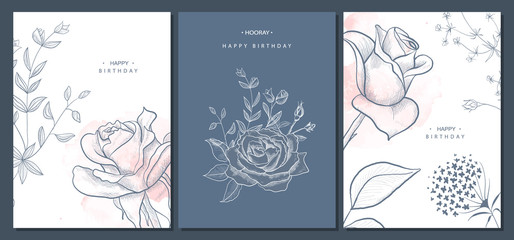 Happy birthday greeting cards with hand drawn flowers.Vector illustration. Trendy background. Modern set of abstract card, template,posters,invitation
