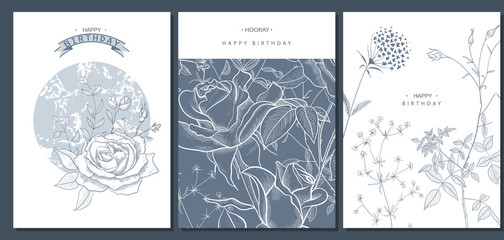 Fototapeta na wymiar Happy birthday greeting cards with hand drawn flowers.Vector illustration. Trendy background. Modern set of abstract card, template,posters,invitation