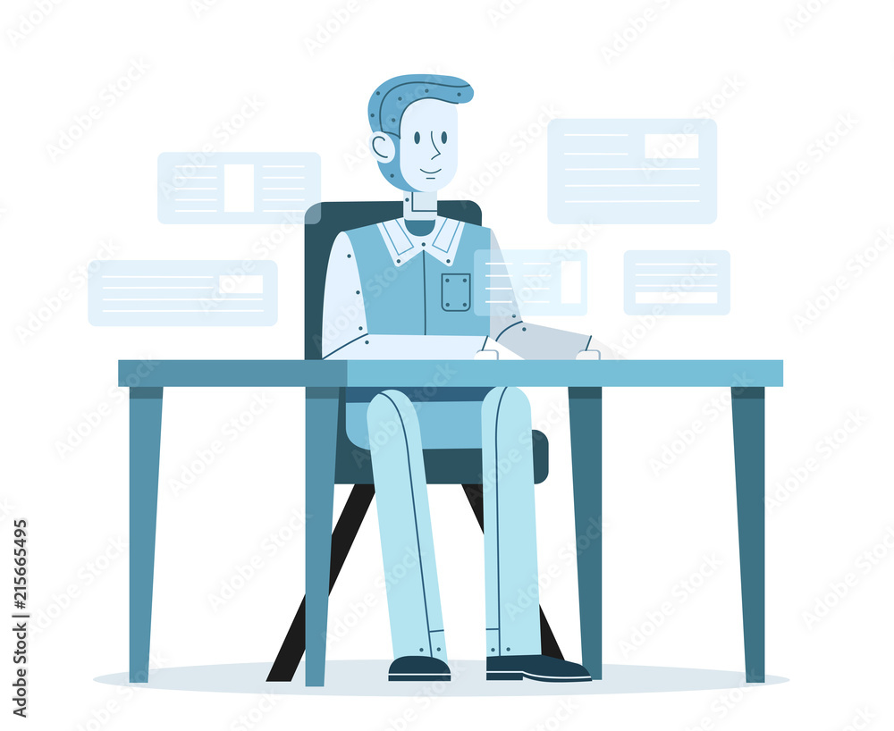 Poster artificial intelligence working vector illustration of robot man sitting at office table. digital hu