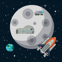 Moon with astronaut and vehicle and spaceship around vector illustration graphic design