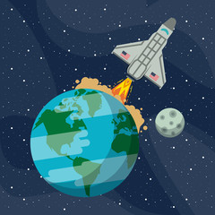Spaceship taking off from earth at galaxy vector illustration graphic design