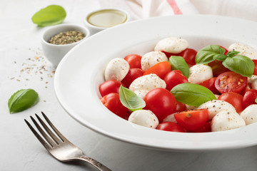 White plate of classic delicious caprese salad with ripe tomatoes, mozzarella and fresh basil leaves on gray background. Italian food. The concept of a healthy vegetarian diet